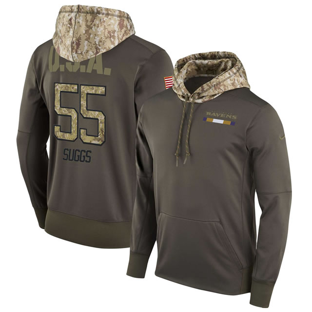 Nike Ravens 55 Terrell Suggs Men's Olive Salute To Service Pullover Hoodie